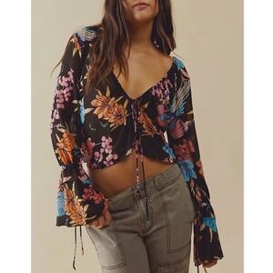 Free People Paradise Bell Sleeve Floral Sheer Top Size Medium